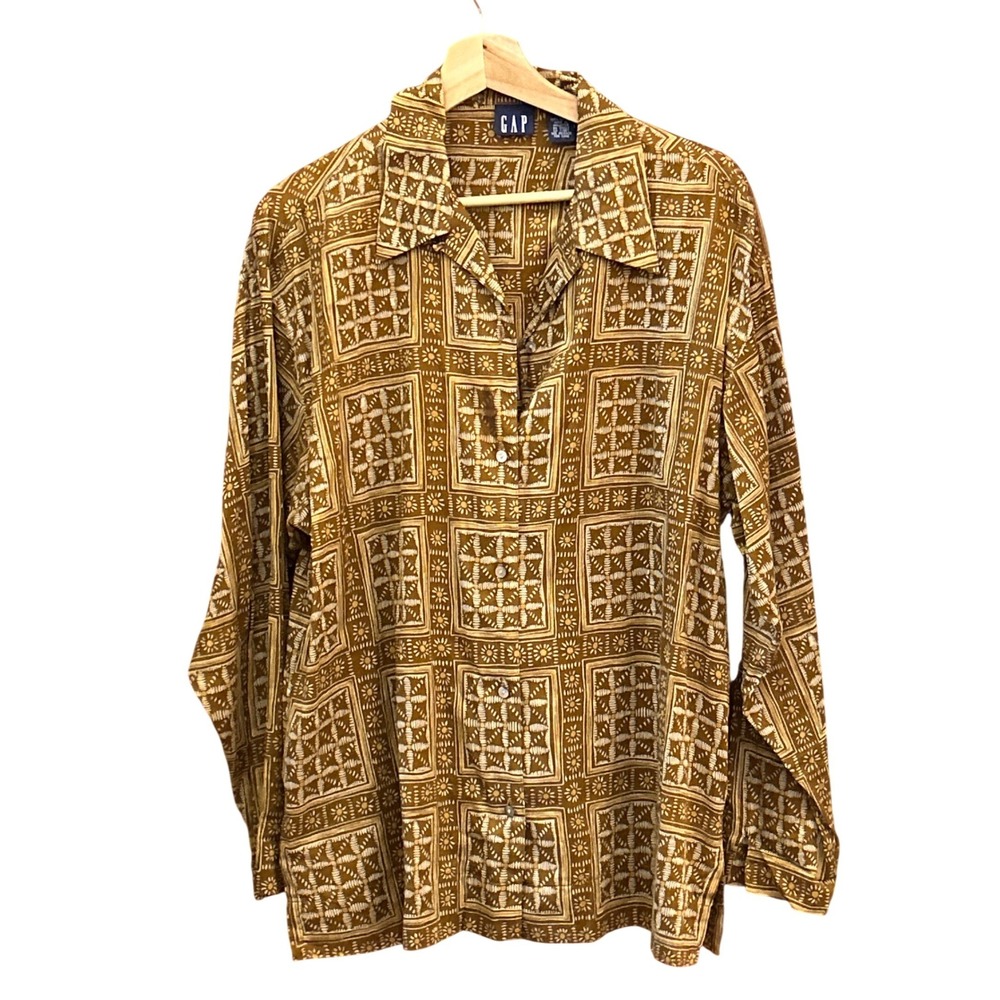 Vintage 90s GAP Women's Brown Geometric Sheer Print Shirt Button Up Grunge Retro